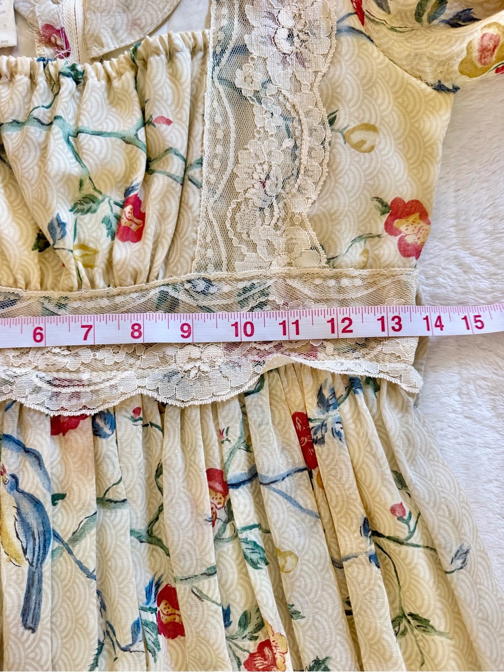 Gunne Sax Vintage 1970’s Ivory Floral Bird Print Maxi Prairie Dress Size 9 - Picture 13 of 16